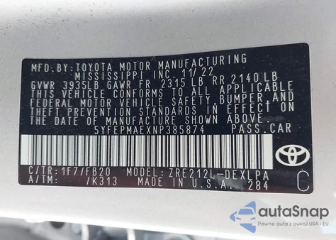 2022 Toyota Corolla Le z USA, uszkodzony, nr VIN 5YFEPMAEXNP385874